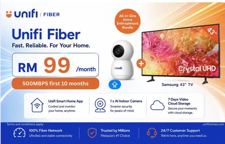 Unifi Fiber All-in-One Home Entertainment Bundle: RM99/month, 500Mbps for the first 10 months, with a free AI indoor camera and 7-day cloud storage, plus a free 43-inch Samsung Crystal UHD TV